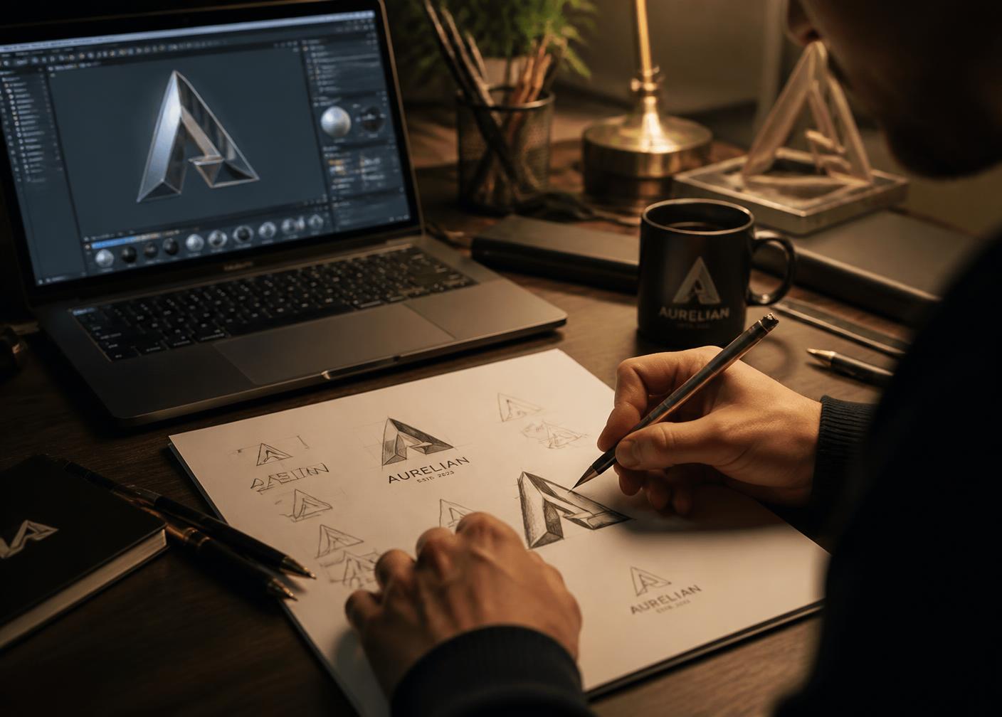 Designer esquissant un logo à côté d'un ordinateur portable exécutant un logiciel de rendu 3D