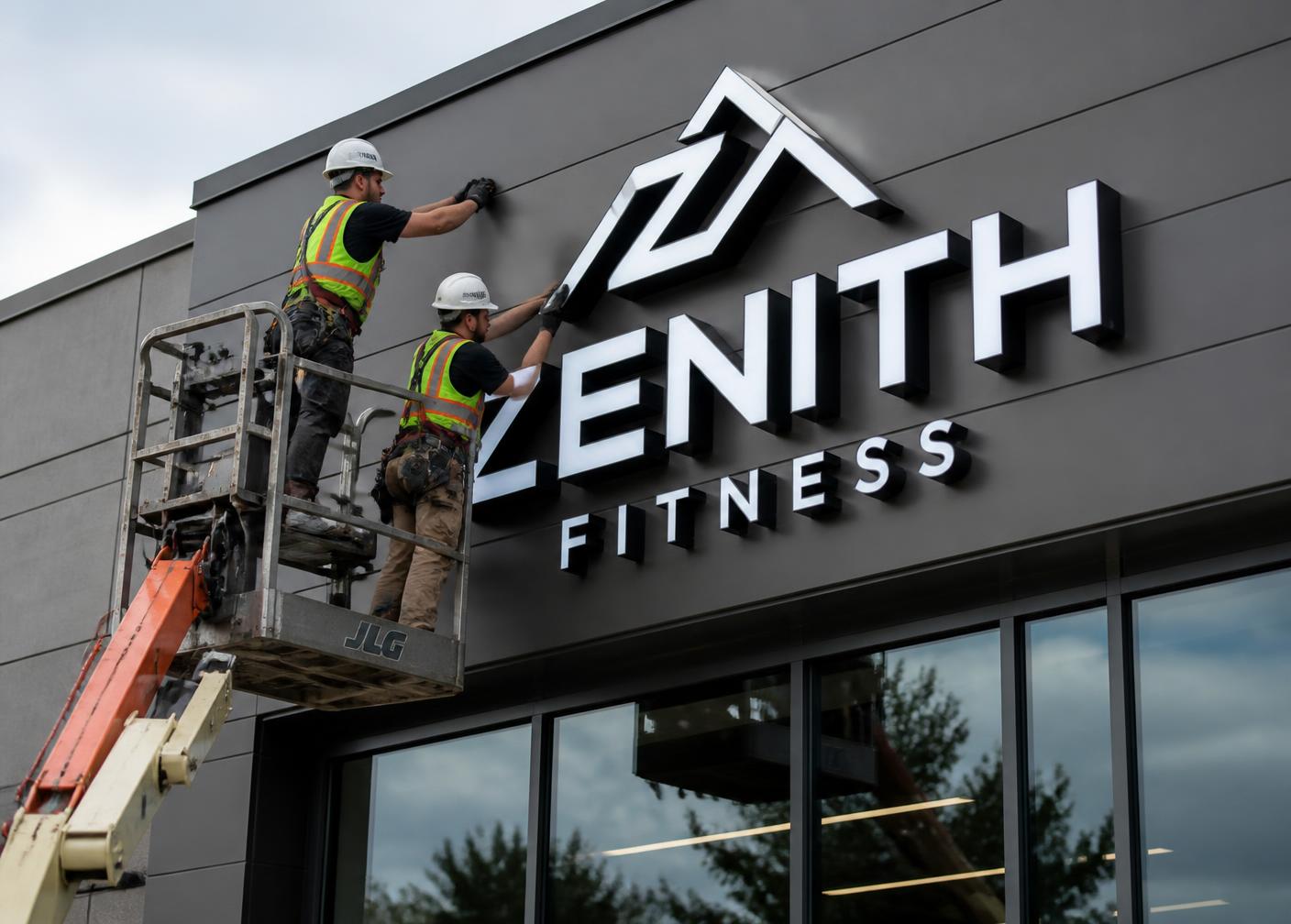 Techniciens installant une enseigne 3D lumineuse sur une façade
