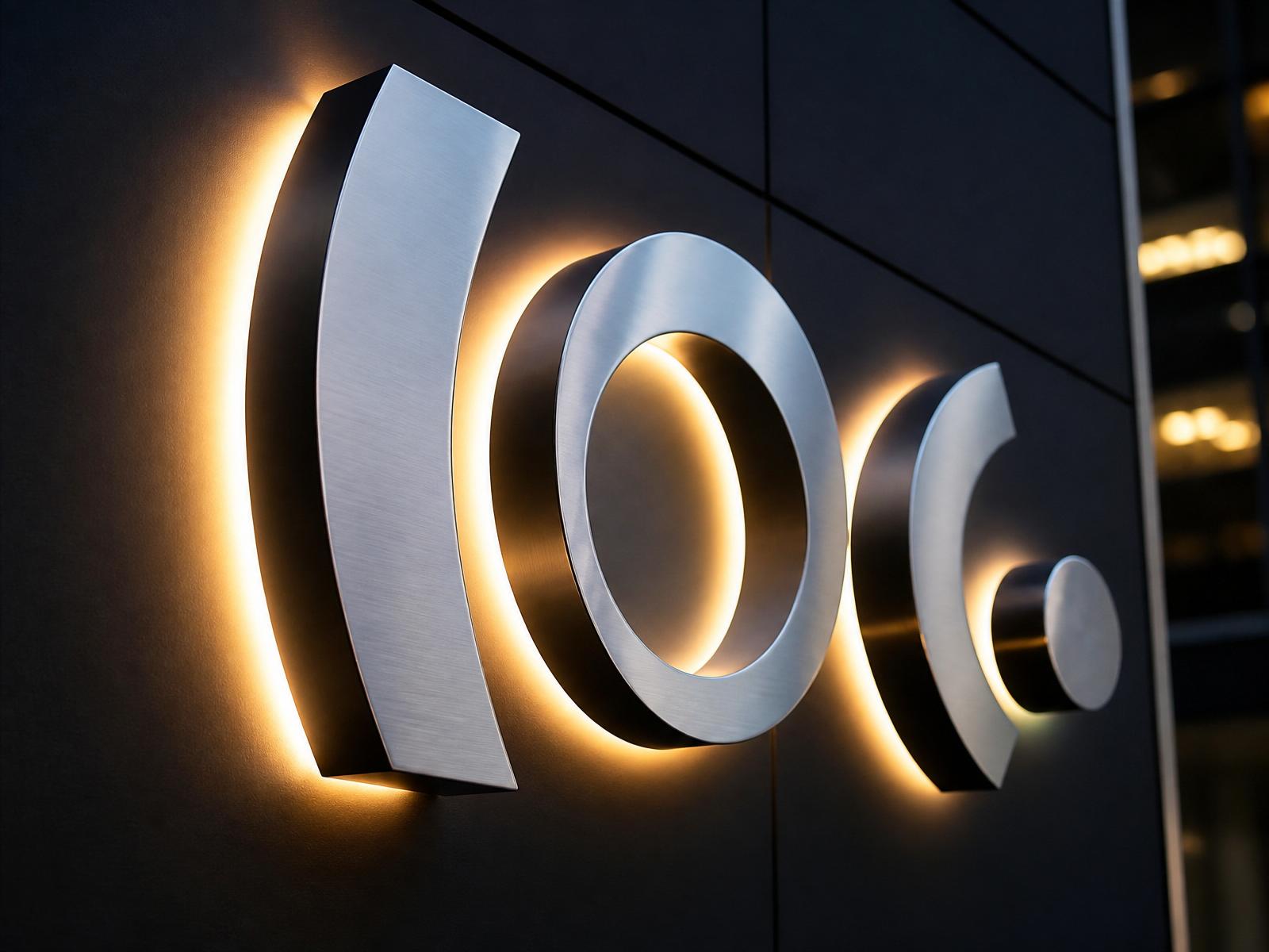 Lettres 3D rétroéclairées en acier inoxydable avec plaque arrière sur façade sombre