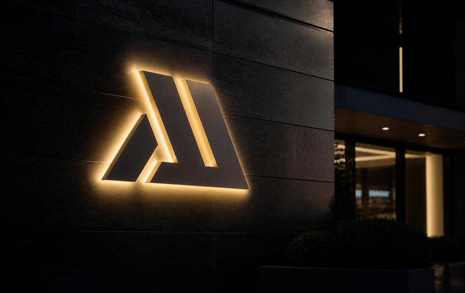 Grand logo 3D en métal illuminé sur la façade sombre d'un immeuble de bureaux la nuit