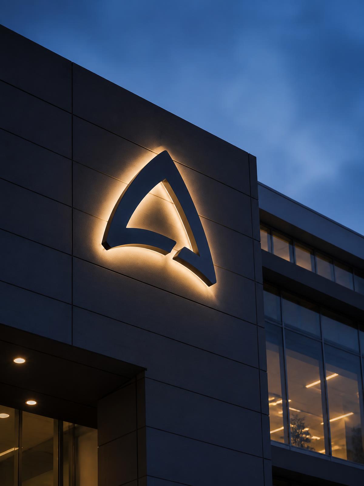Logo d'entreprise 3D rétroéclairé sur une façade de bureaux moderne à l'heure bleue